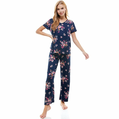Women's Floral Print Lounge Set - Soft Pajama Top & Pants (Size L)