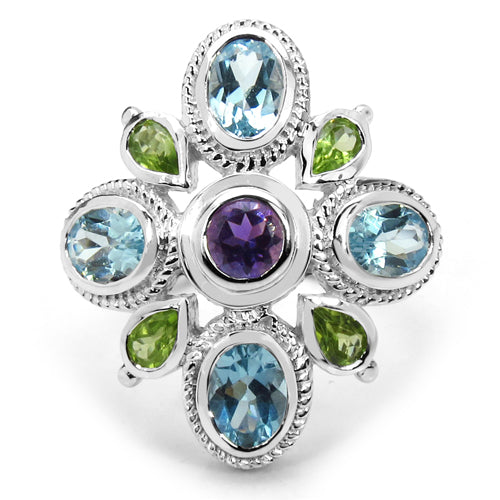 5.13 Carat Genuine Amethyst , Blue Topaz & Peridot .925 Sterling Silver Ring by Bids.com