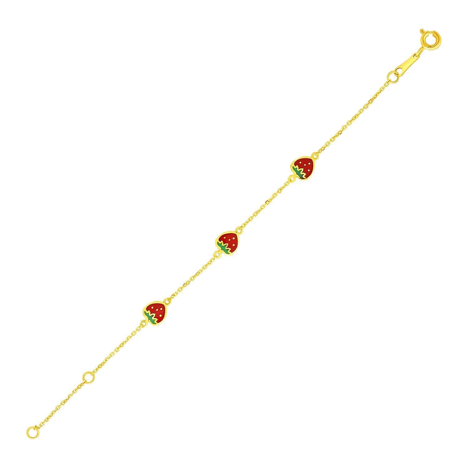 14k Yellow Gold 5 1/2 inch Childrens Bracelet with Enameled Strawberries DestGlow