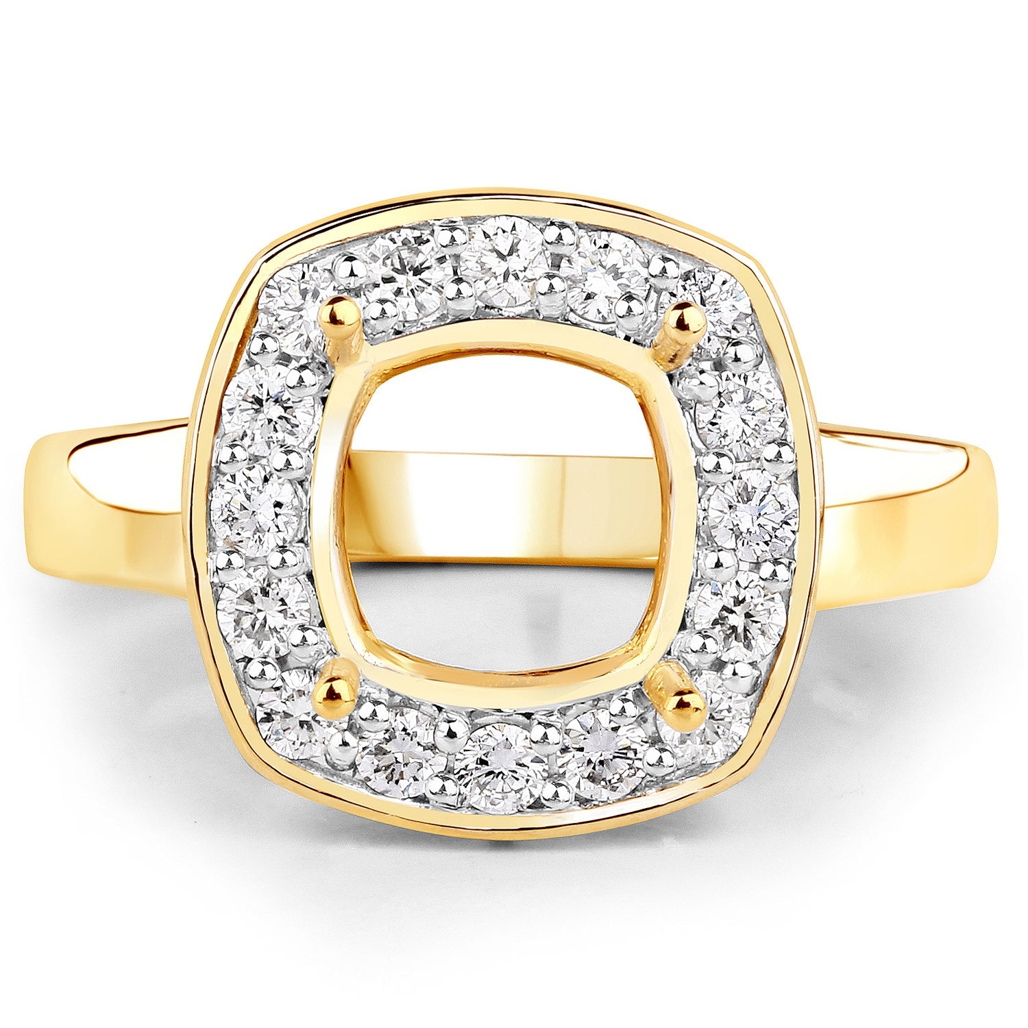 0.48 Carat Genuine White Diamond 14K Yellow Gold Semi Mount Ring - holds 8x8mm Cushion Gemstone by Bids.com