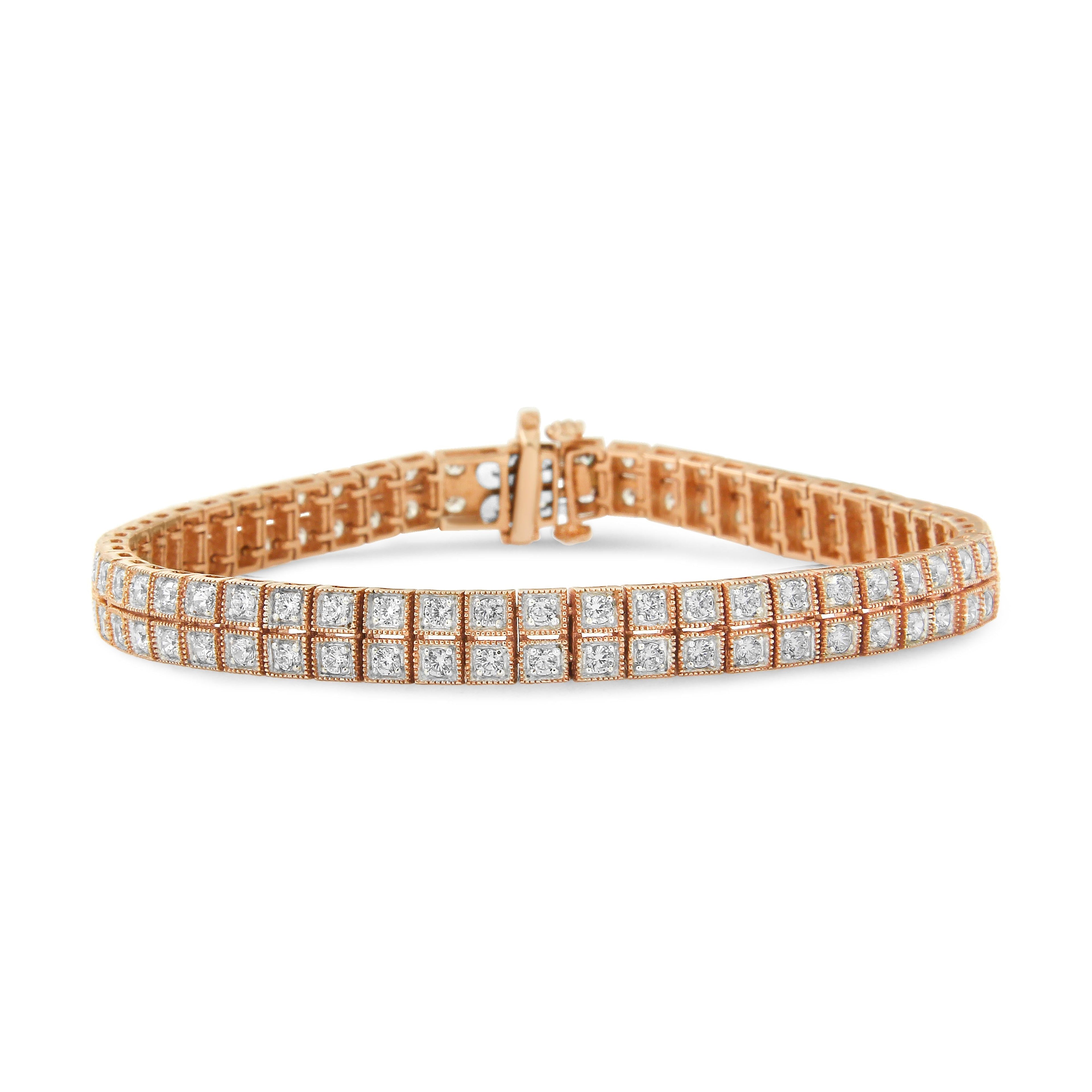 14K Rose Gold 3.0 Cttw Lab Grown Diamond Two Row Milgrain 7" Inch Tennis Bracelet (G-H Color, VS2-SI1 Clarity) DestGlow