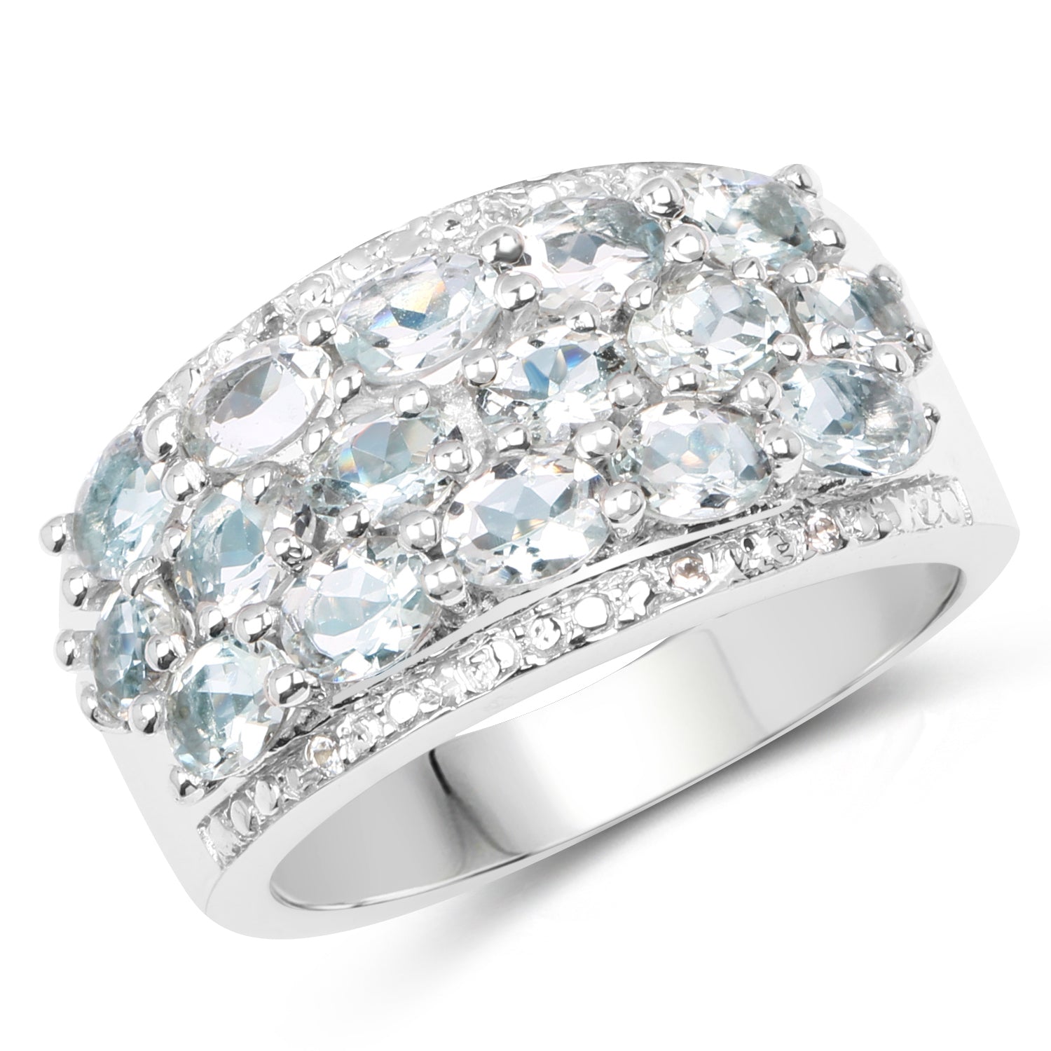 2.44 Carat Genuine Aquamarine & White Topaz .925 Sterling Silver Ring DestGlow