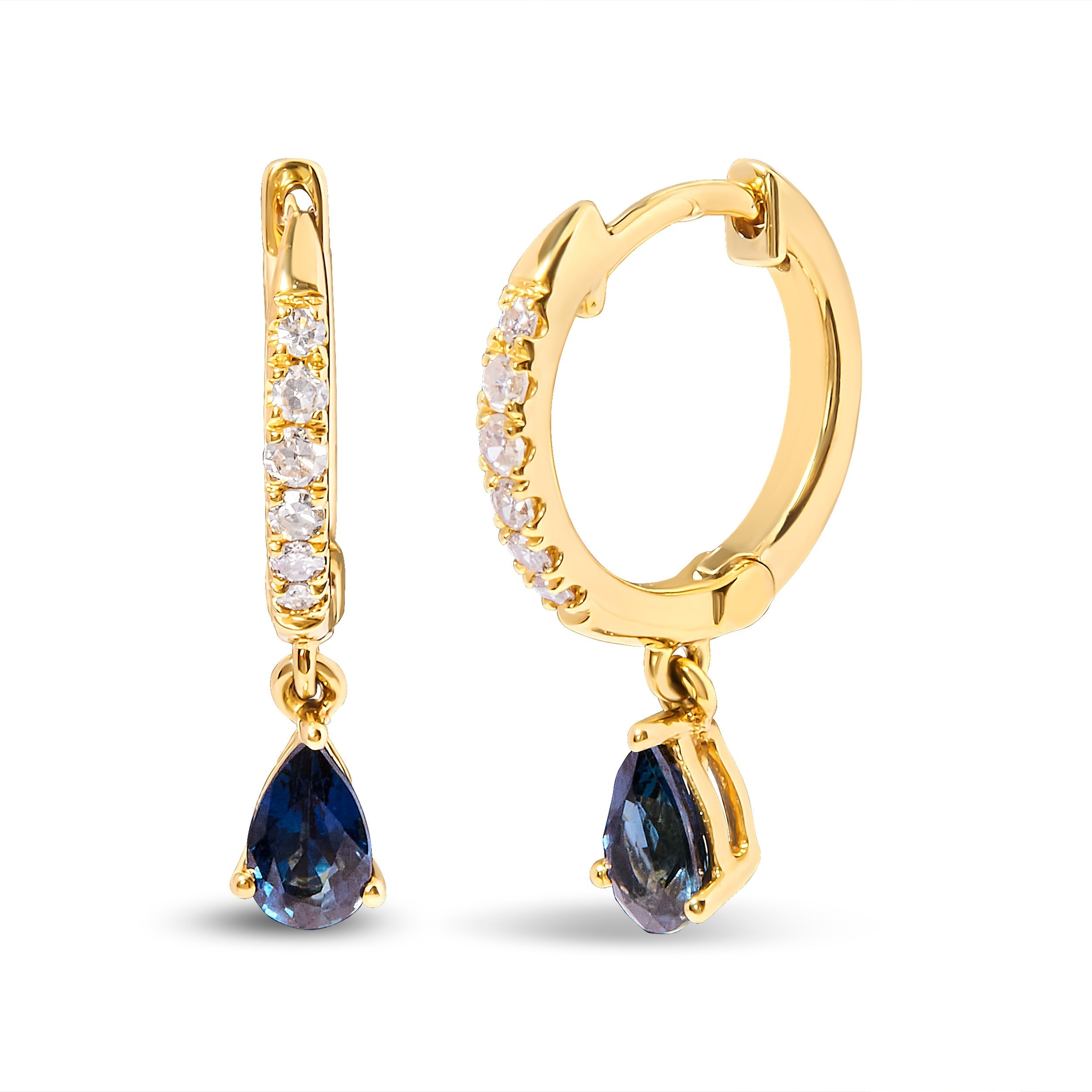 10K Yellow Gold Pear Blue Sapphire and 1/10 Cttw Diamond Drop and Dangle Huggy Hoop Earrings (H-I Color, I1-I2 Clarity) DestGlow