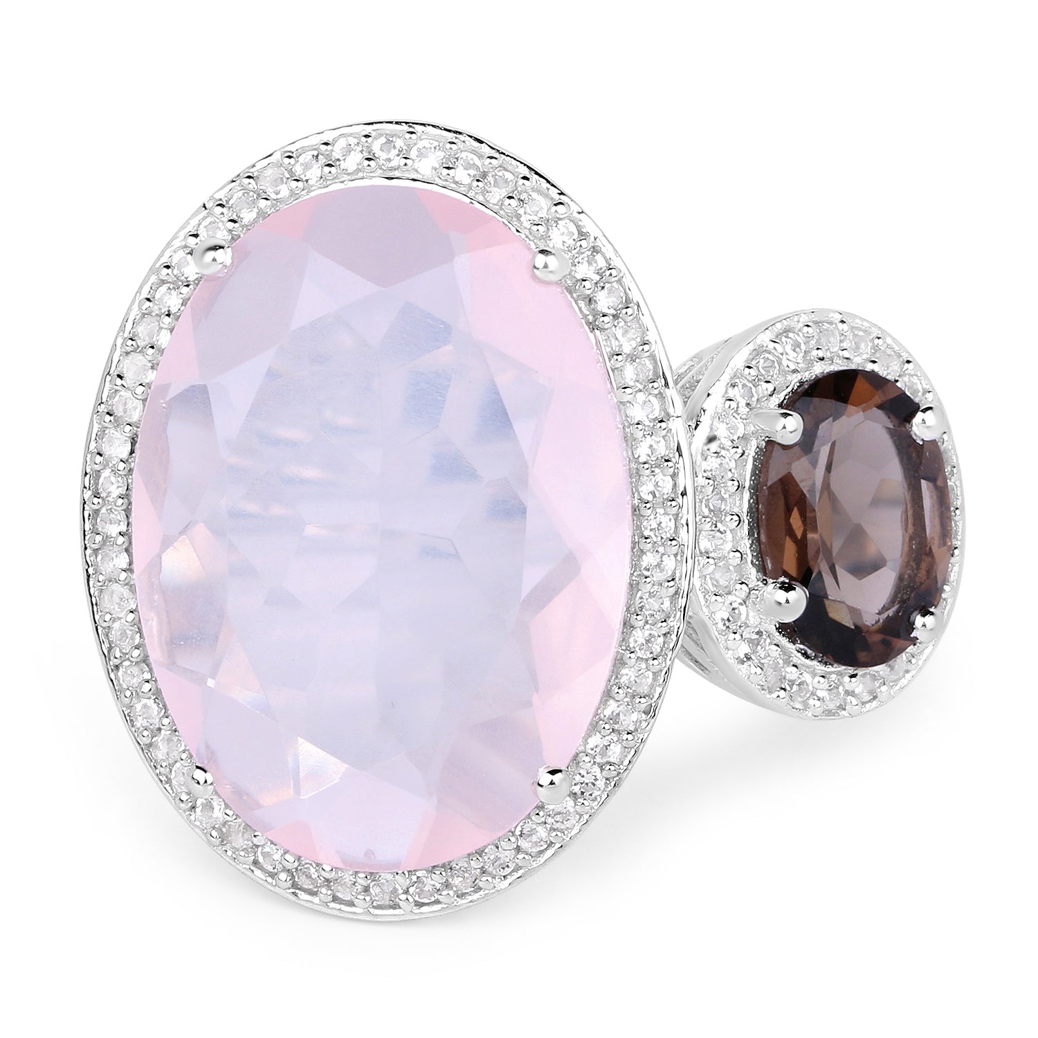 8.25 Carat Genuine Rose Quartz, Smoky Quartz And White Topaz .925 Sterling Silver Ring DestGlow