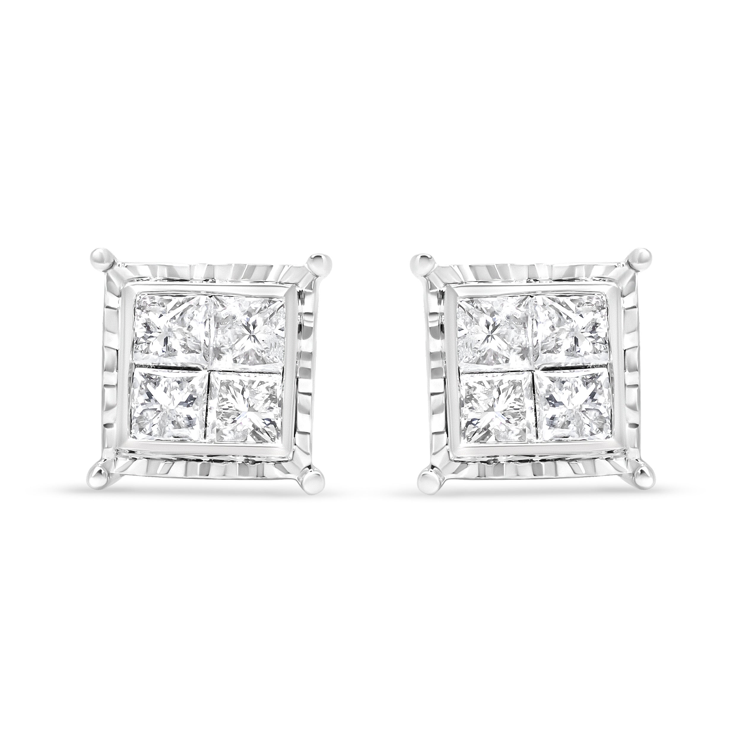 14K White Gold 1 1/2 Cttw Invisible Set Princess-Cut Diamond Contemporary Wavy Quad Stud Earrings (I-J Color, I1-I2 Clarity) by Bids.com