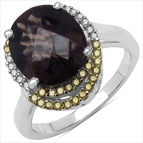 4.12 Carat Genuine Smoky Quartz and 0.28 ct.t.w Genuine Diamond Accents Sterling Silver Ring by Bids.com