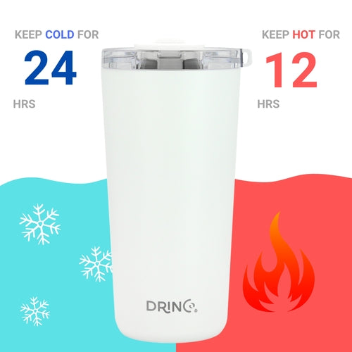 DRINCO 20oz Insulated Tumbler with Spill-Proof Lid & 2 Straws - Arctic White Stainless Steel Travel Mug