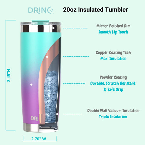 DRINCO 20oz Insulated Tumbler with Spill-Proof Lid & 2 Straws - Ombre Teal Stainless Steel Travel Mug
