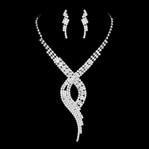 Bridal Wedding Jewelry Set - Crystal Rhinestone Necklace & Earrings Silver