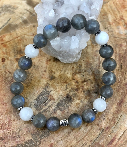 Blue Flash Labradorite & Rainbow Moonstone Stretch Bracelet - 7 Inch
