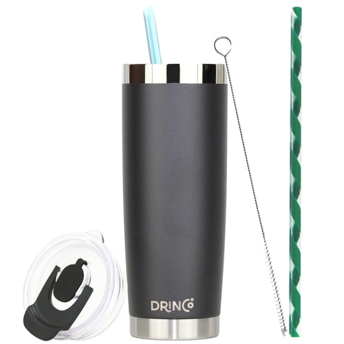 DRINCO 20oz Insulated Tumbler with Spill-Proof Lid & 2 Straws - Black Stainless Steel Travel Mug