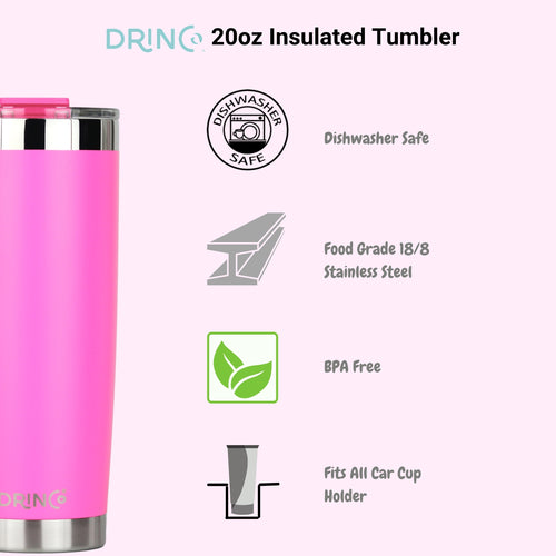 DRINCO 20oz Insulated Tumbler with Spill-Proof Lid & 2 Straws - Island Pink Stainless Steel Travel Mug