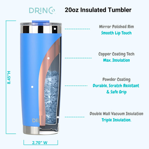 DRINCO 20oz Insulated Tumbler with Spill-Proof Lid & 2 Straws - Royal Blue Stainless Steel Travel Mug