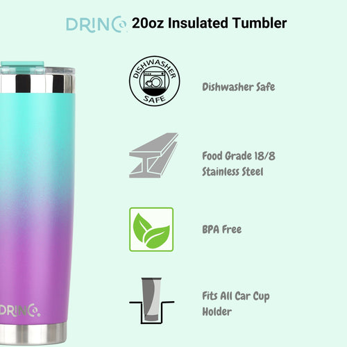DRINCO 20oz Insulated Tumbler with Spill-Proof Lid & 2 Straws - Ombre Teal Stainless Steel Travel Mug