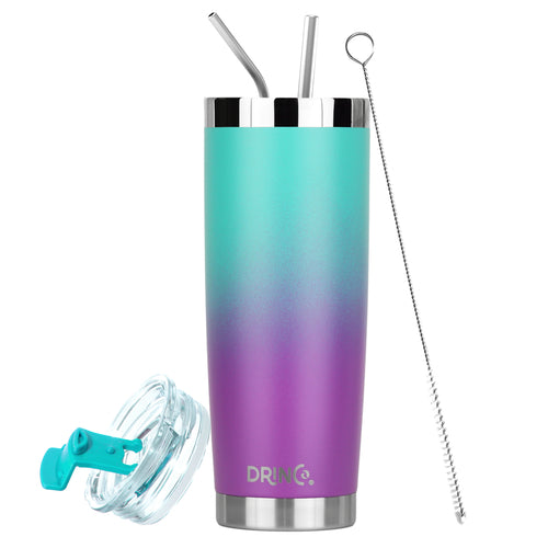 DRINCO 20oz Insulated Tumbler with Spill-Proof Lid & 2 Straws - Ombre Teal Stainless Steel Travel Mug