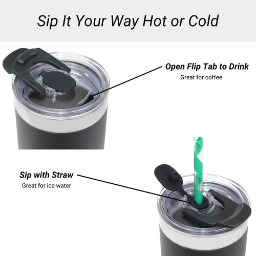 DRINCO 20oz Insulated Tumbler with Spill-Proof Lid & 2 Straws - Black Stainless Steel Travel Mug