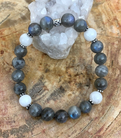 Blue Flash Labradorite & Rainbow Moonstone Stretch Bracelet - 7 Inch
