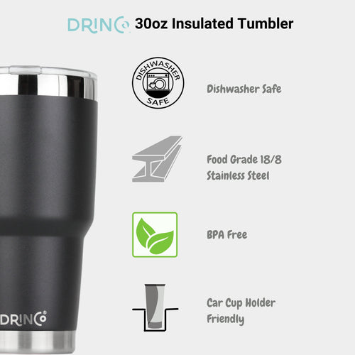 DRINCO 30oz Insulated Tumbler with Spill-Proof Lid & 2 Straws - Black Stainless Steel Travel Mug