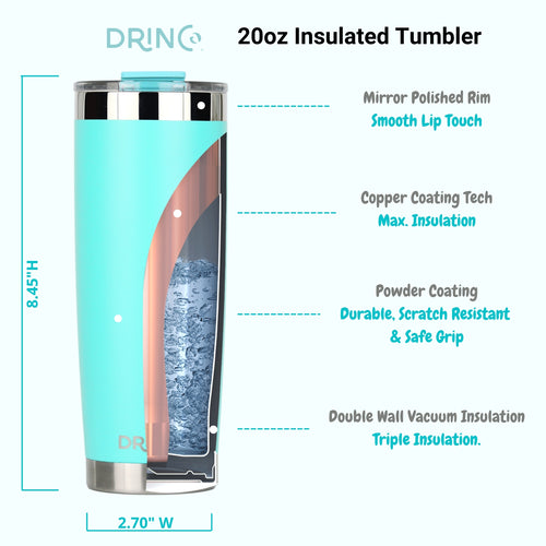 DRINCO 20oz Insulated Tumbler with Spill-Proof Lid & 2 Straws - Teal Stainless Steel Travel Mug
