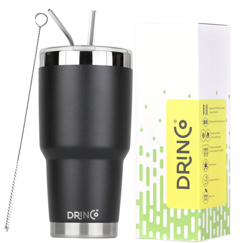 DRINCO 30oz Insulated Tumbler with Spill-Proof Lid & 2 Straws - Black Stainless Steel Travel Mug
