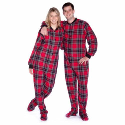 Adult Footed Onesie Pajamas - Red Black Plaid Fleece for Men & Women