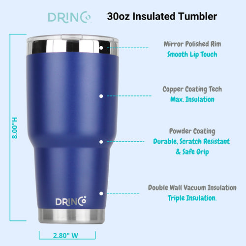 DRINCO 30oz Insulated Tumbler with Spill-Proof Lid & 2 Straws - Royal Blue Stainless Steel Travel Mug