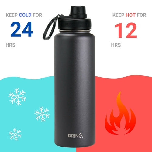 DRINCO 40oz Stainless Steel Sport Water Bottle - Extra Large Insulated Flask in Black