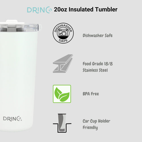 DRINCO 20oz Insulated Tumbler with Spill-Proof Lid & 2 Straws - Arctic White Stainless Steel Travel Mug