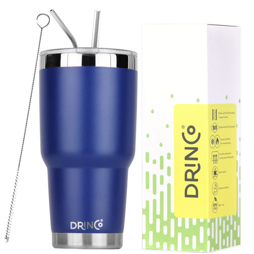 DRINCO 30oz Insulated Tumbler with Spill-Proof Lid & 2 Straws - Royal Blue Stainless Steel Travel Mug