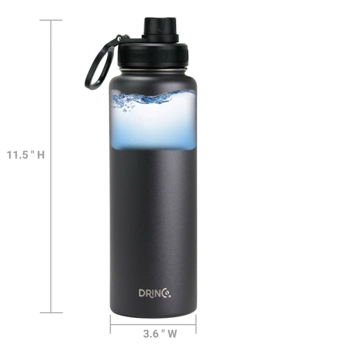 DRINCO 40oz Stainless Steel Sport Water Bottle - Extra Large Insulated Flask in Black