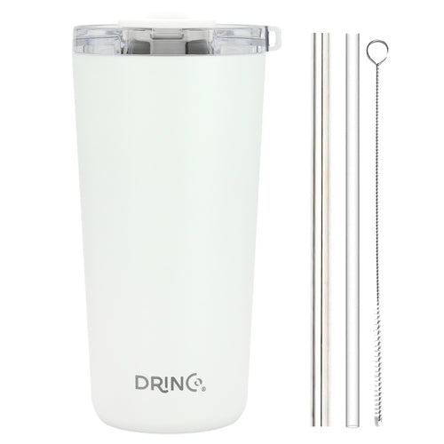 DRINCO 20oz Insulated Tumbler with Spill-Proof Lid & 2 Straws - Arctic White Stainless Steel Travel Mug