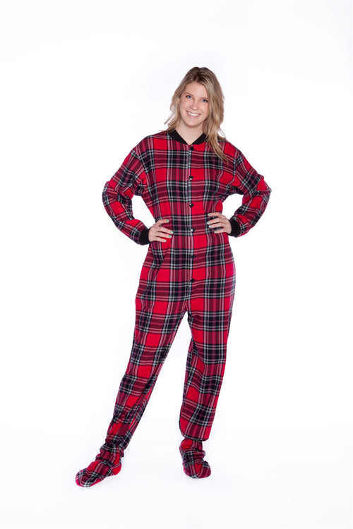Adult Footed Onesie Pajamas - Red Black Plaid Fleece for Men & Women