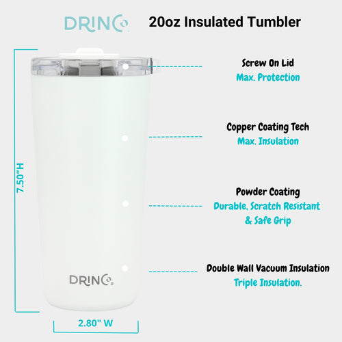 DRINCO 20oz Insulated Tumbler with Spill-Proof Lid & 2 Straws - Arctic White Stainless Steel Travel Mug