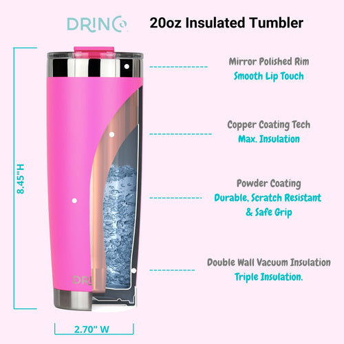 DRINCO 20oz Insulated Tumbler with Spill-Proof Lid & 2 Straws - Island Pink Stainless Steel Travel Mug