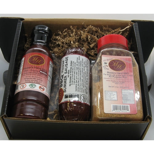 BBQ Gift Set - Gourmet BBQ Sauce, Summer Sausage & All-Purpose Rub in Black Gift Box