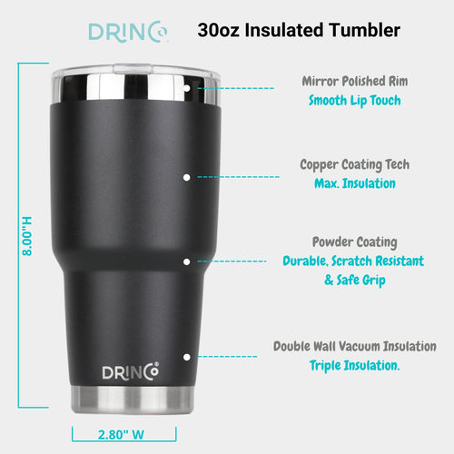 DRINCO 30oz Insulated Tumbler with Spill-Proof Lid & 2 Straws - Black Stainless Steel Travel Mug