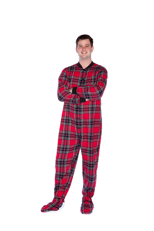 Adult Footed Onesie Pajamas - Red Black Plaid Fleece for Men & Women