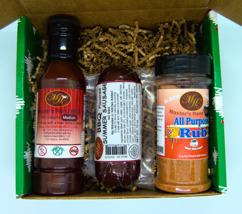 Green Christmas Gift Set - BBQ Sauce, Summer Sausage & All-Purpose Rub in Tree Box