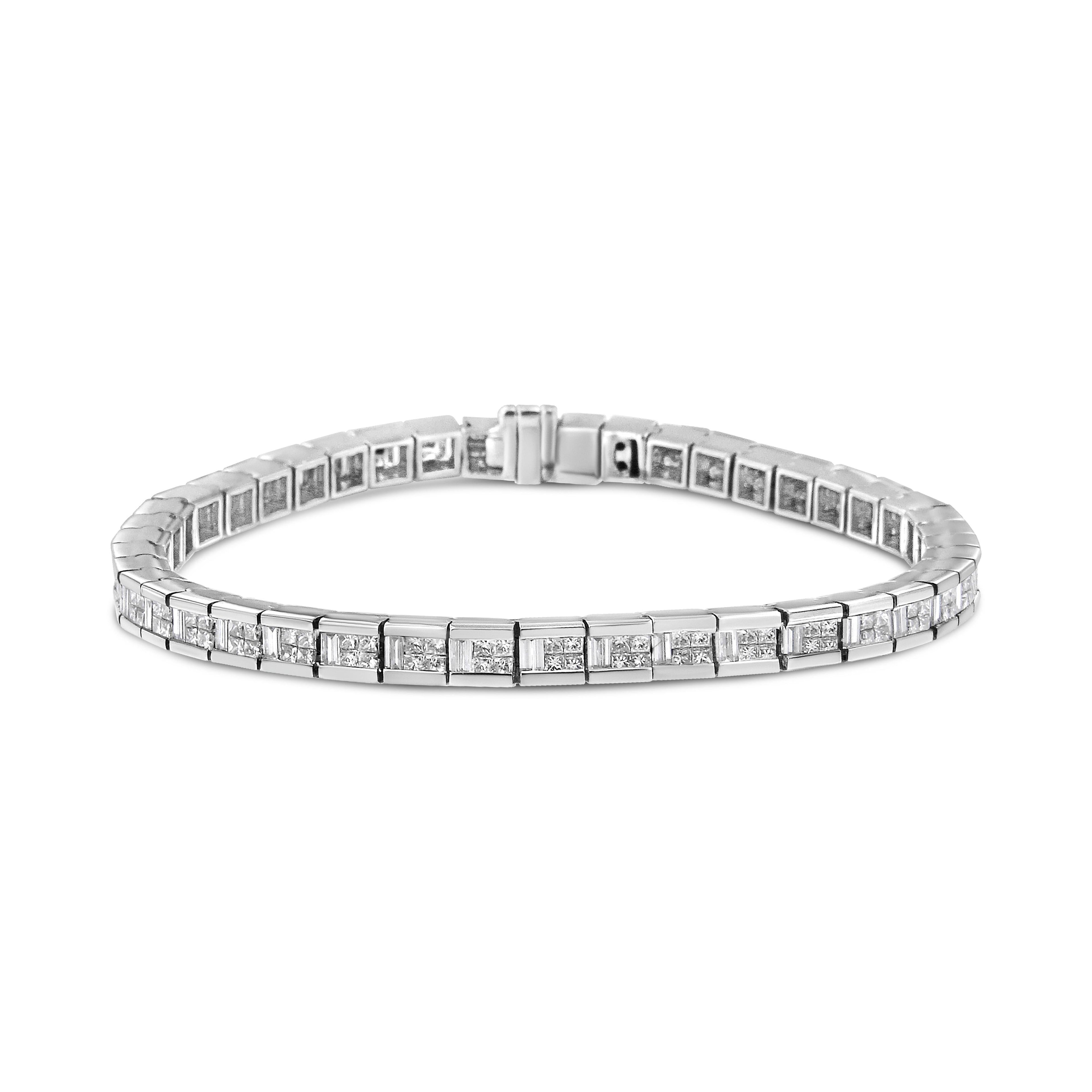 14K White Gold 4 3/8 Cttw Alternating Invisible Set Princess and Baguette Diamond Tennis Bracelet (G-H Color, VS1-VS2 Clarity) - Size 7" by Bids.com