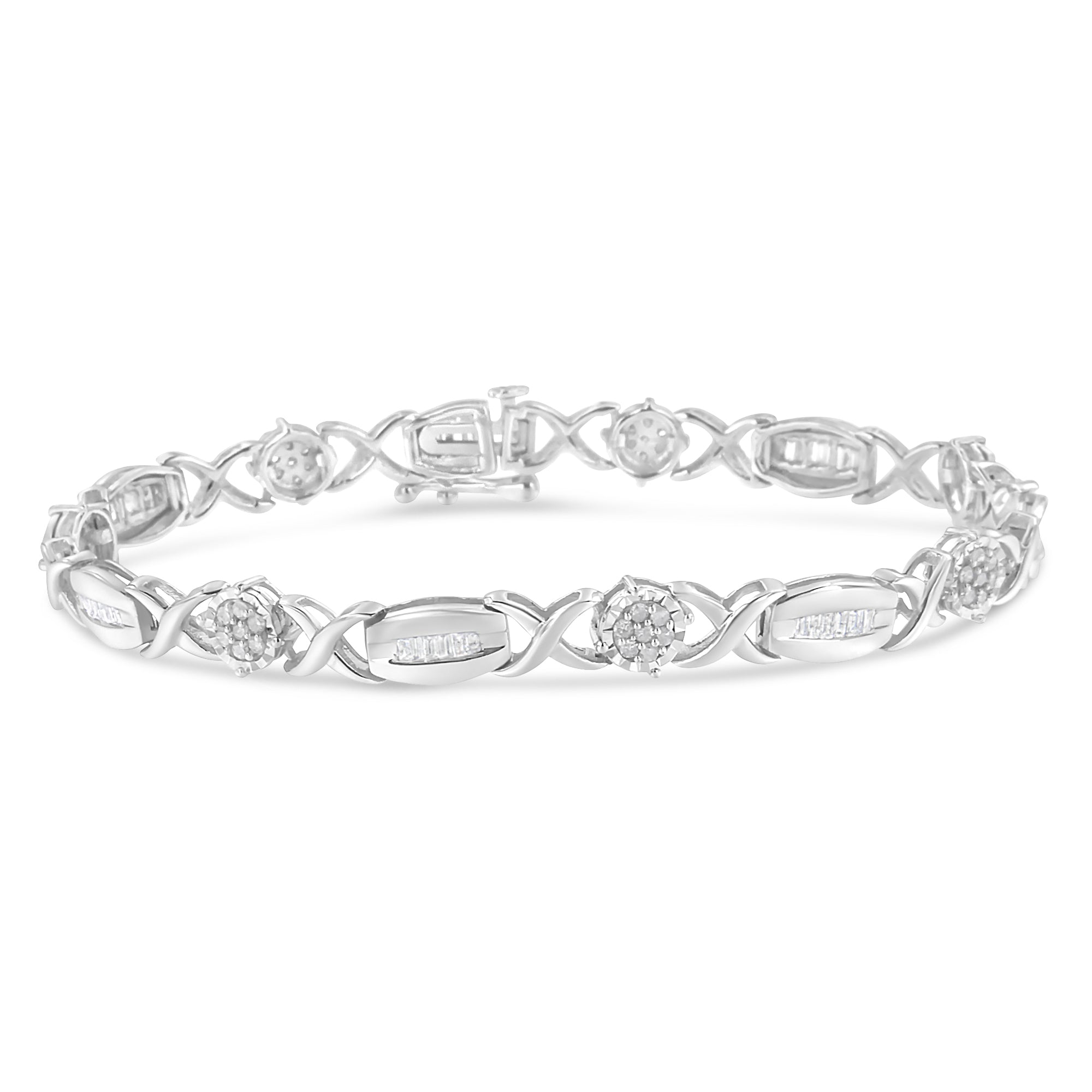 .925 Sterling Silver 1.0 Cttw Round-Cut and Baguette-Cut Diamond X-Link Bracelet (I-J Color, I1-I2 Clarity) - 7" by Bids.com