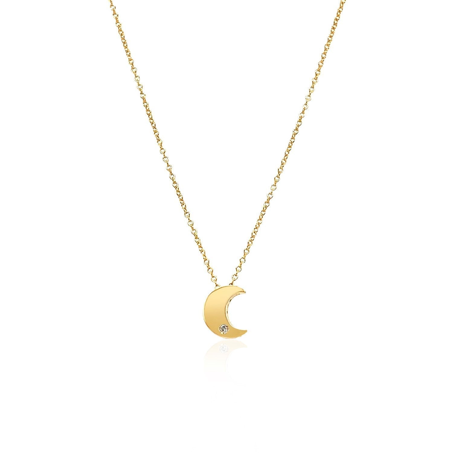 14k Yellow Gold Polished Moon Necklace with Diamond DestGlow