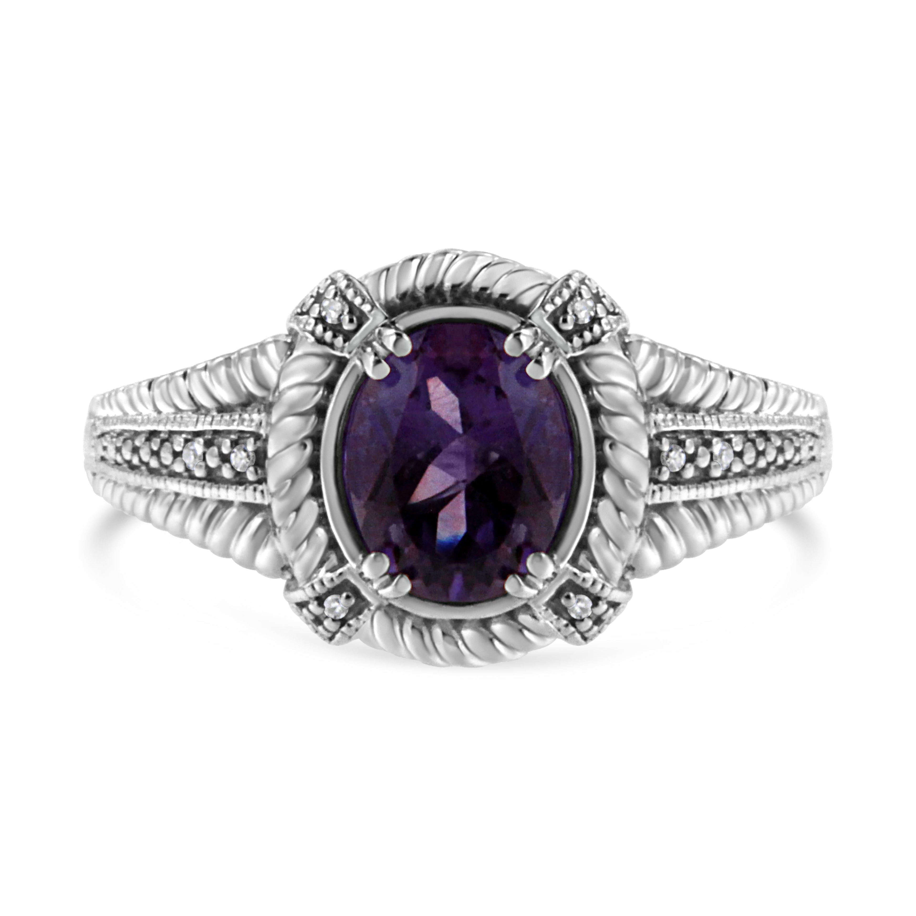 .925 Sterling Silver Prong Set Natural Oval Shape 9X7 MM Purple Amethyst Solitaire and Diamond Accent Ring (I-J Color, I1-I2 Clarity) - Ring Size 7 DestGlow