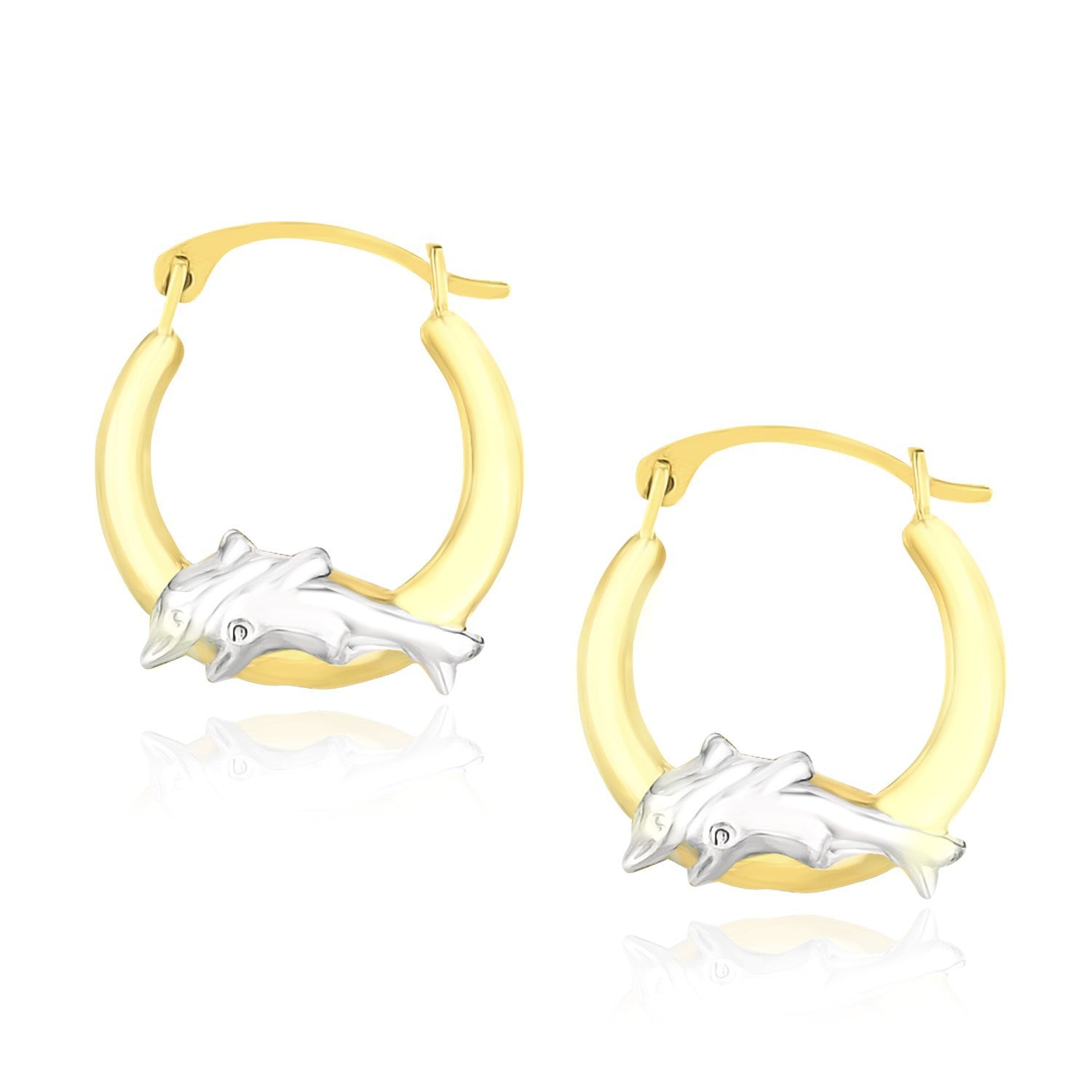 10k Two-Tone Gold Round Graduated Dolphin Design Hoop Earrings DestGlow