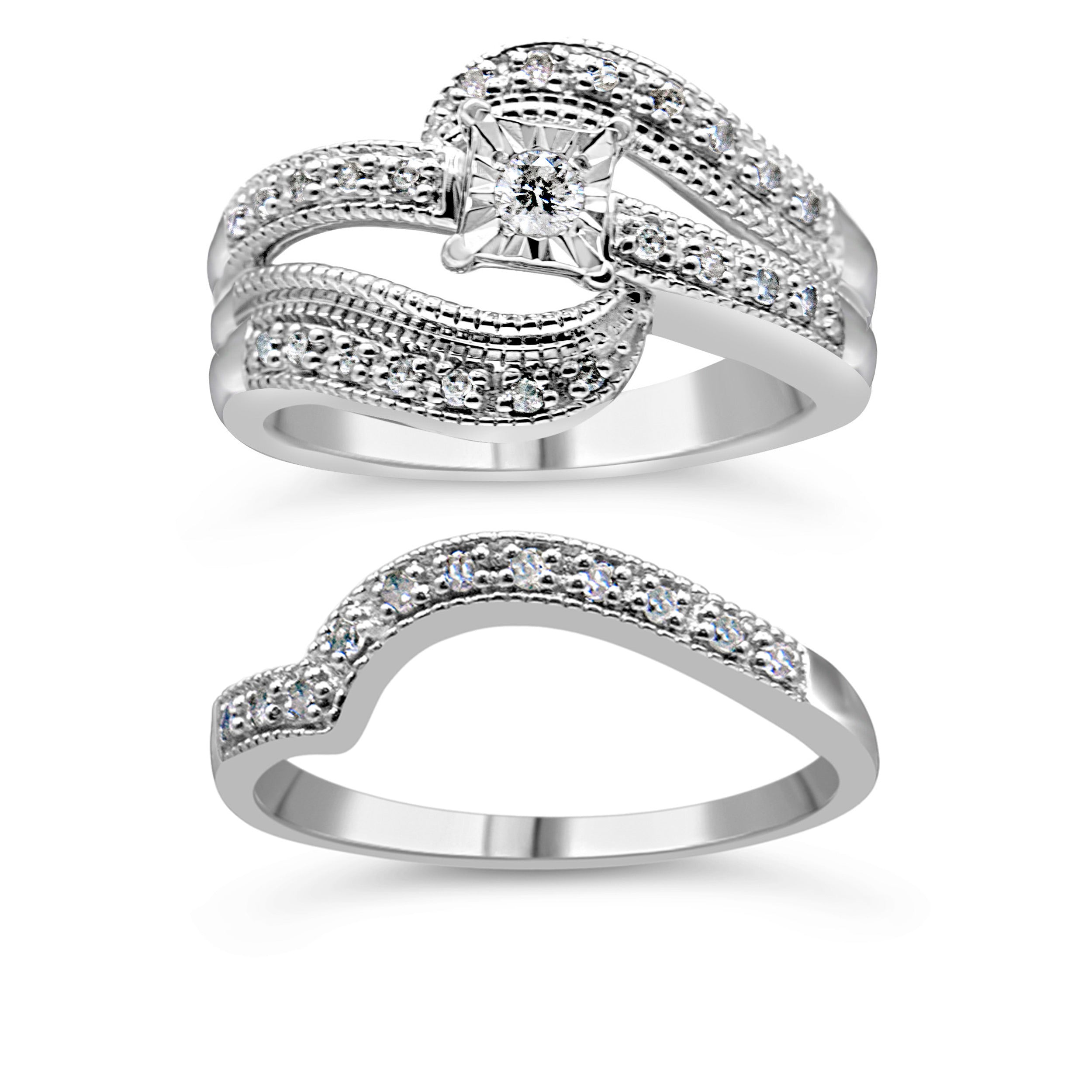 .925 Sterling Silver 1/3 Cttw Round Diamond Crisscross Engagement Ring Bridal Set (H-I Color, I1-I2 Clarity ) - Size 7 by Bids.com