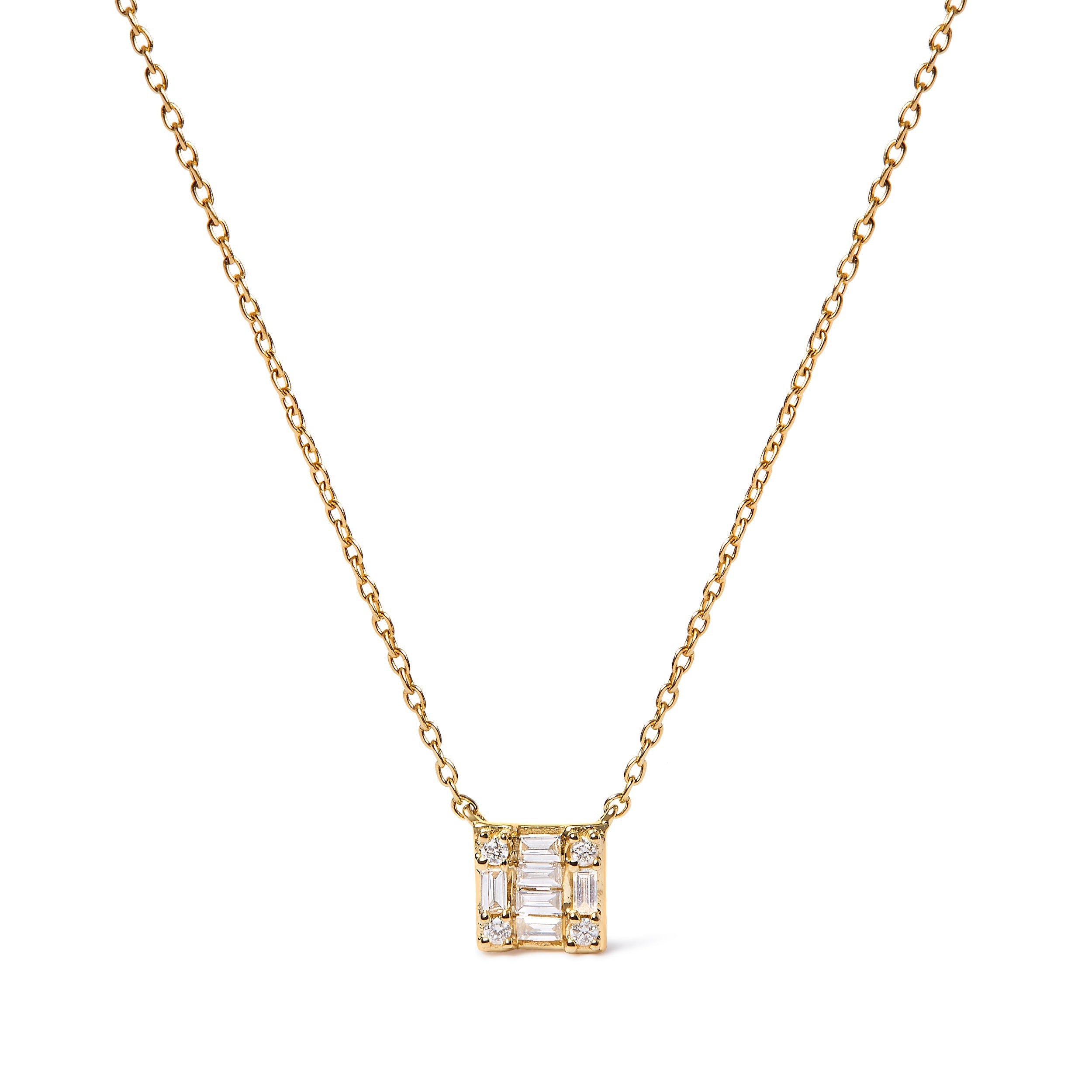 10K Yellow Gold 1/10 Cttw Round and Baguette Diamond Mosaic Composite Square 18" Inch Pendant Necklace (H-I Color, I1-I2 Clarity) by Bids.com