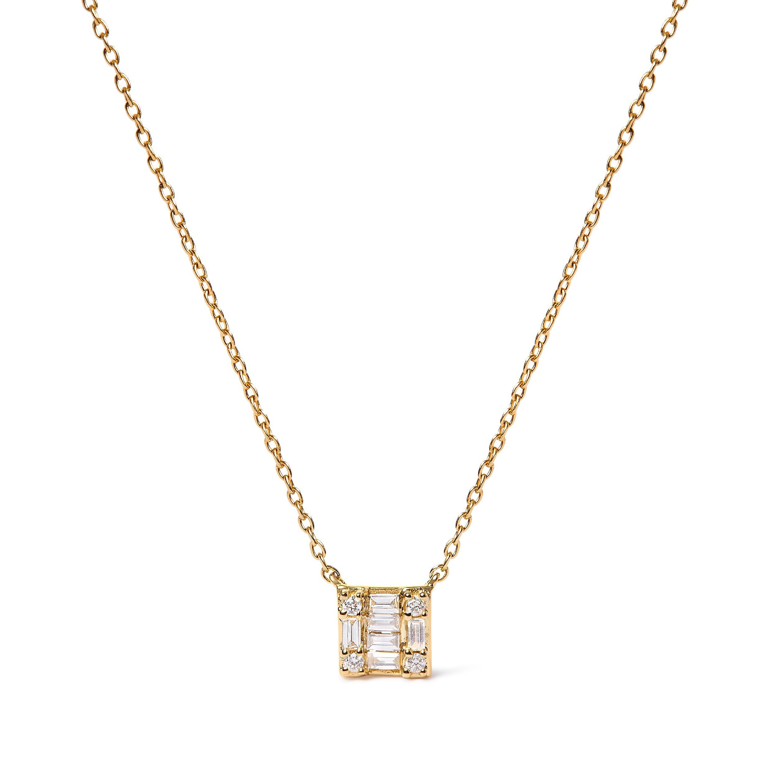 10K Yellow Gold 1/10 Cttw Round and Baguette Diamond Mosaic Composite Square 18" Inch Pendant Necklace (H-I Color, I1-I2 Clarity)