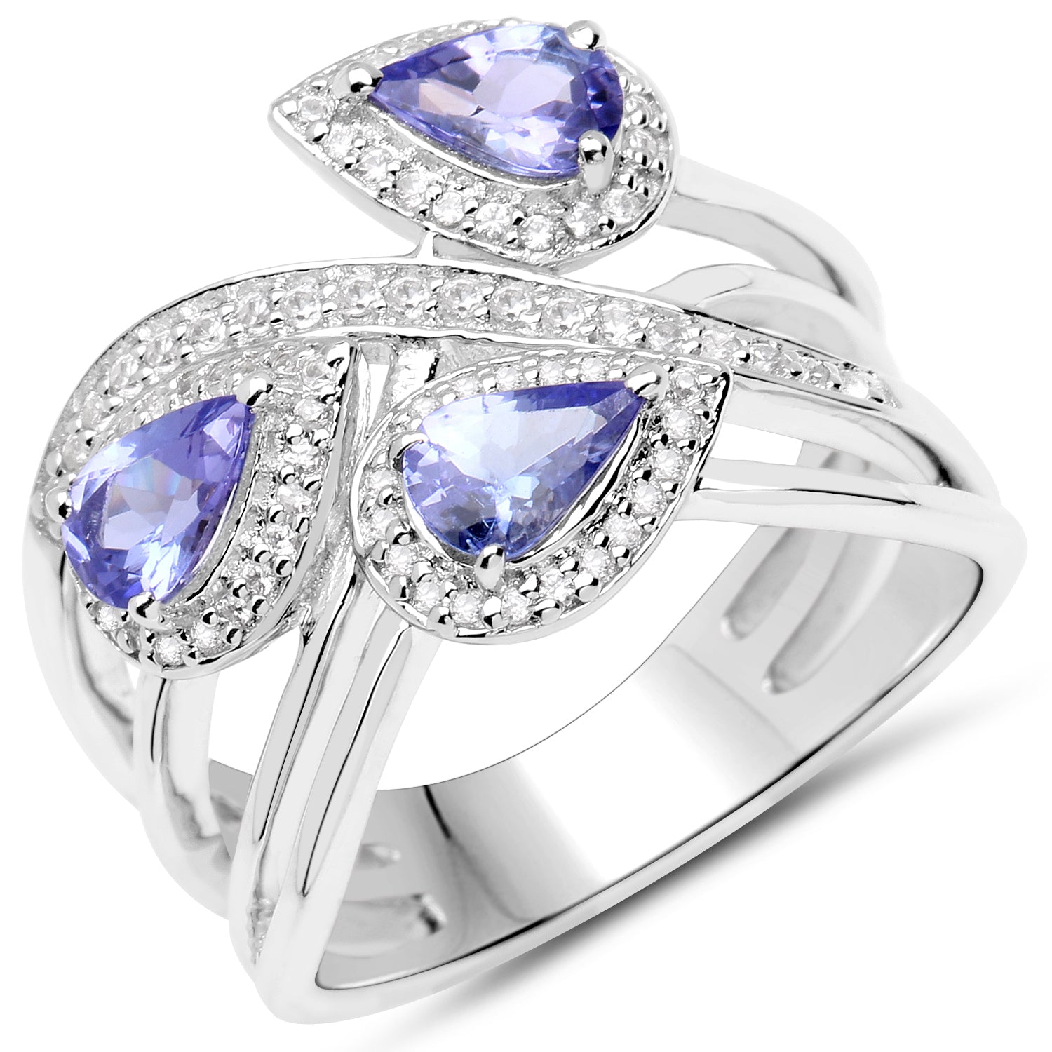 1.52 Carat Genuine Tanzanite and White Zircon .925 Sterling Silver Ring DestGlow