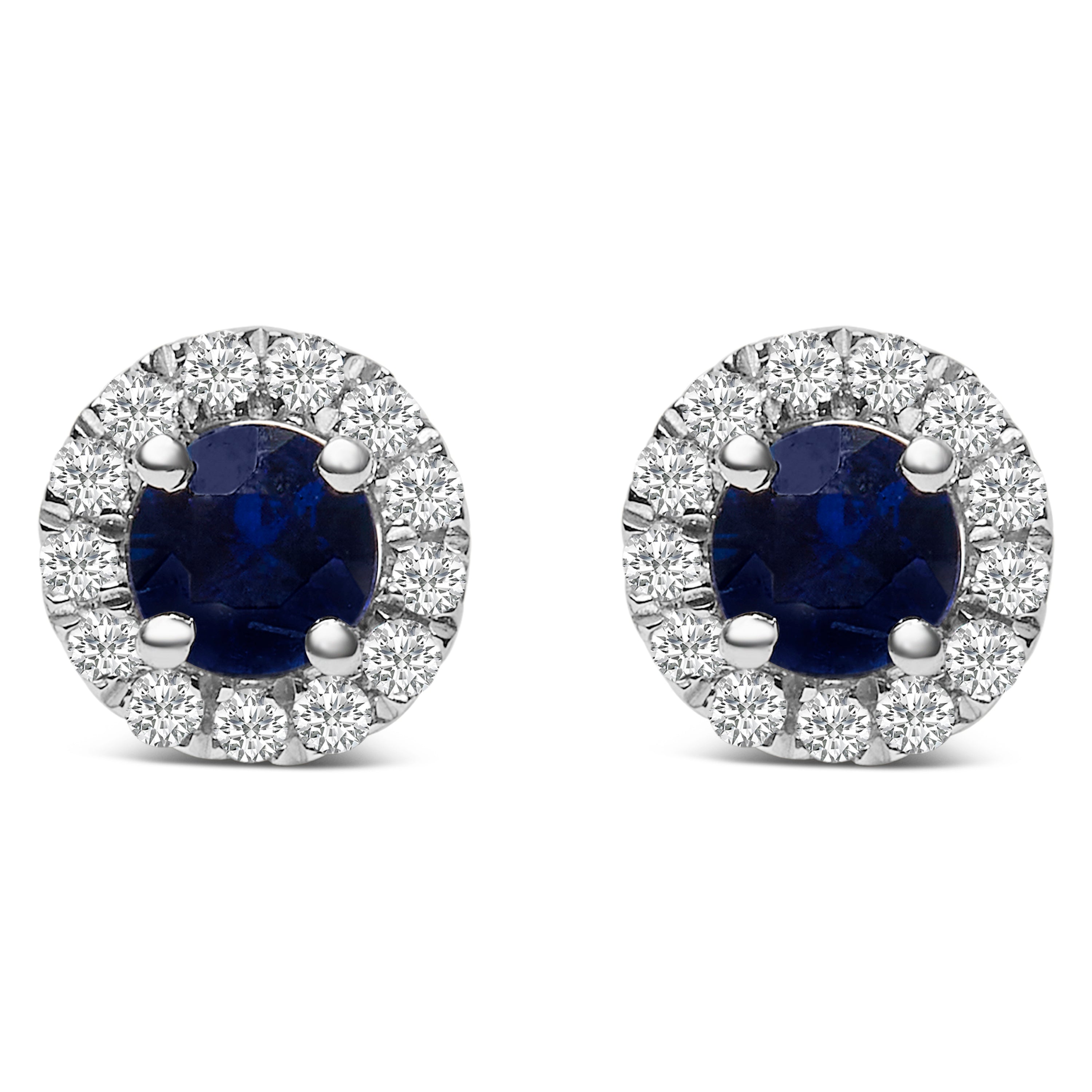 10K White Gold 3.25mm x 3.25mm Round Blue Sapphire and 1/10 Cttw Diamond Halo Stud Earrings (I-J Color, I1-I2 Clarity) DestGlow