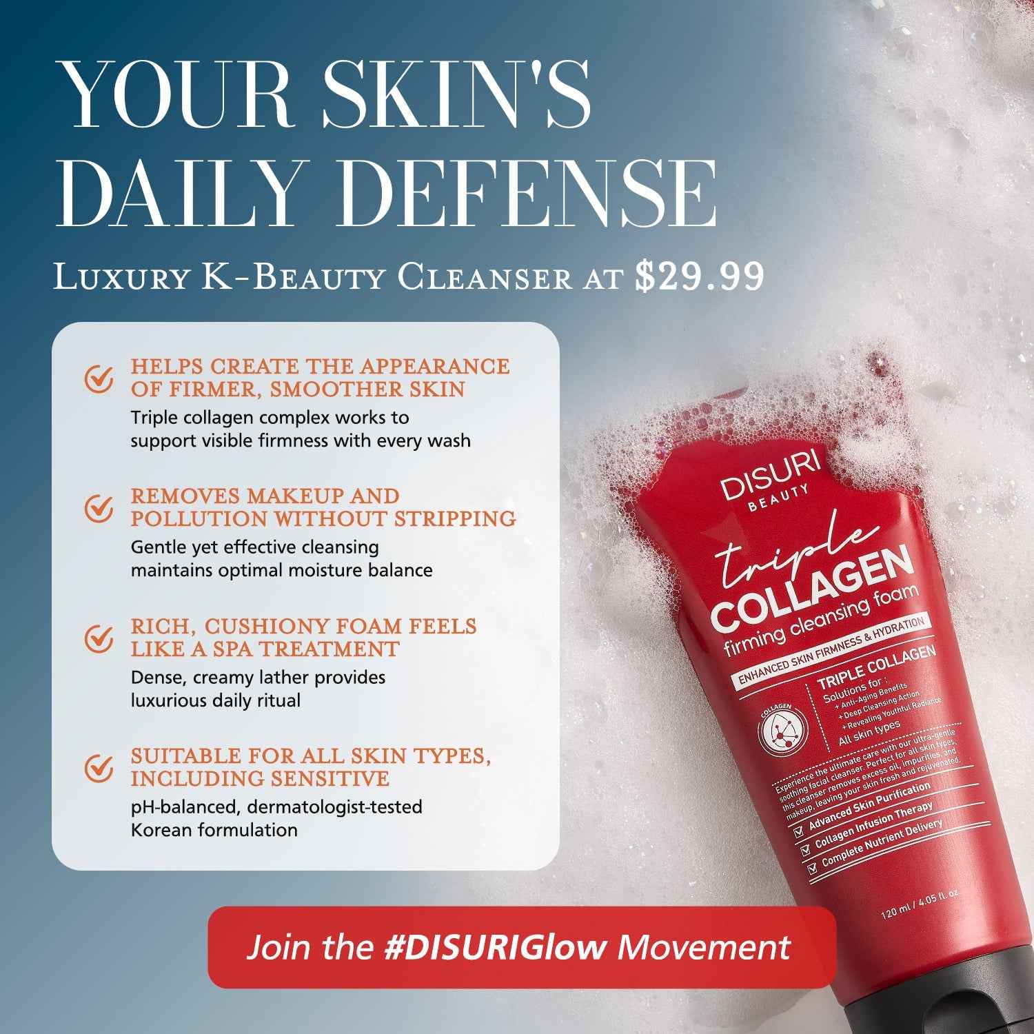 DISURI Triple Collagen Firming Foam - Korean Anti-Aging Cleanser with 3,000ppm Collagen Complex