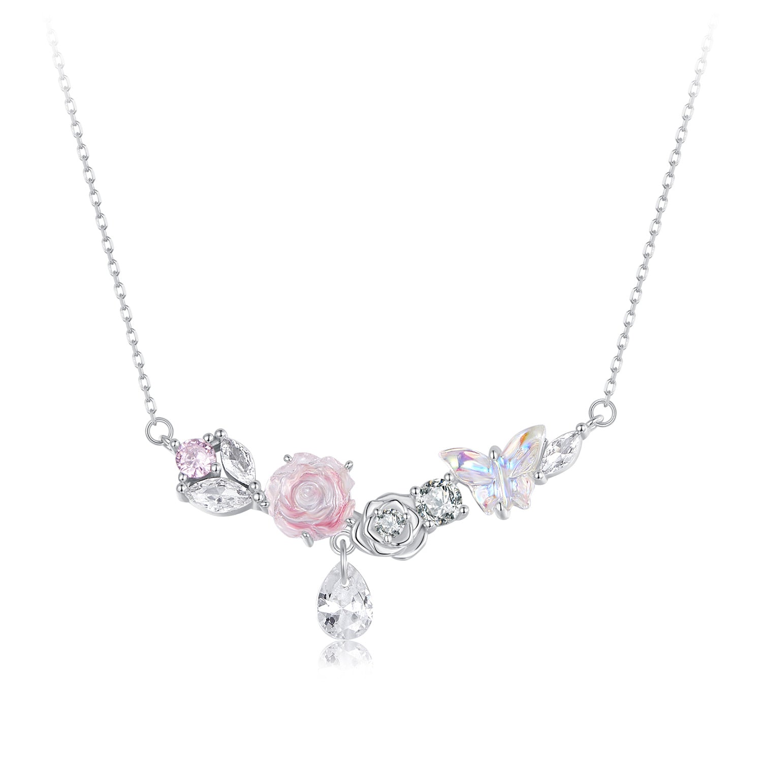 925 Sterling Silver Necklace with CZ & Resin Pendant, 18x39mm, Plated with White Gold DestGlow